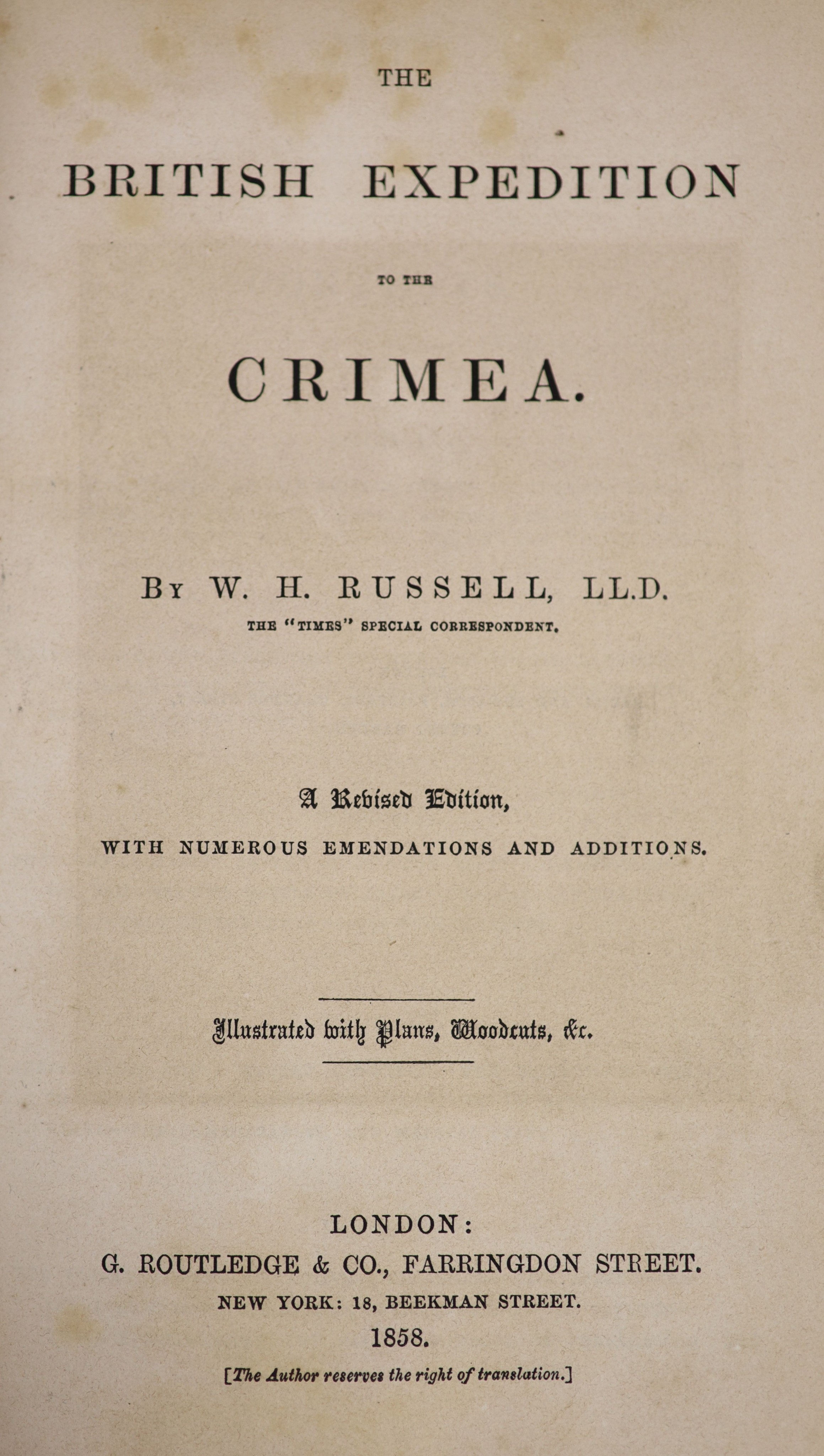 Russell, W.H. - The British Expedition to the Crimea. revised edition, with numerous emendations and additions. portrait, 3 wood engraved plates & 10 folded maps & plans